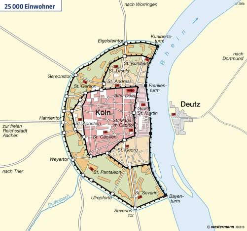 Diercke Karte Köln um 1200 n. Chr. - Mittelalterliche Stadterweiterungen