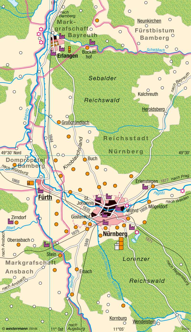 Großraum Nürnberg | Siedlungsentwicklung | Deutschland - Wandel ländlicher und städtischer Siedlungen | Karte 77/4