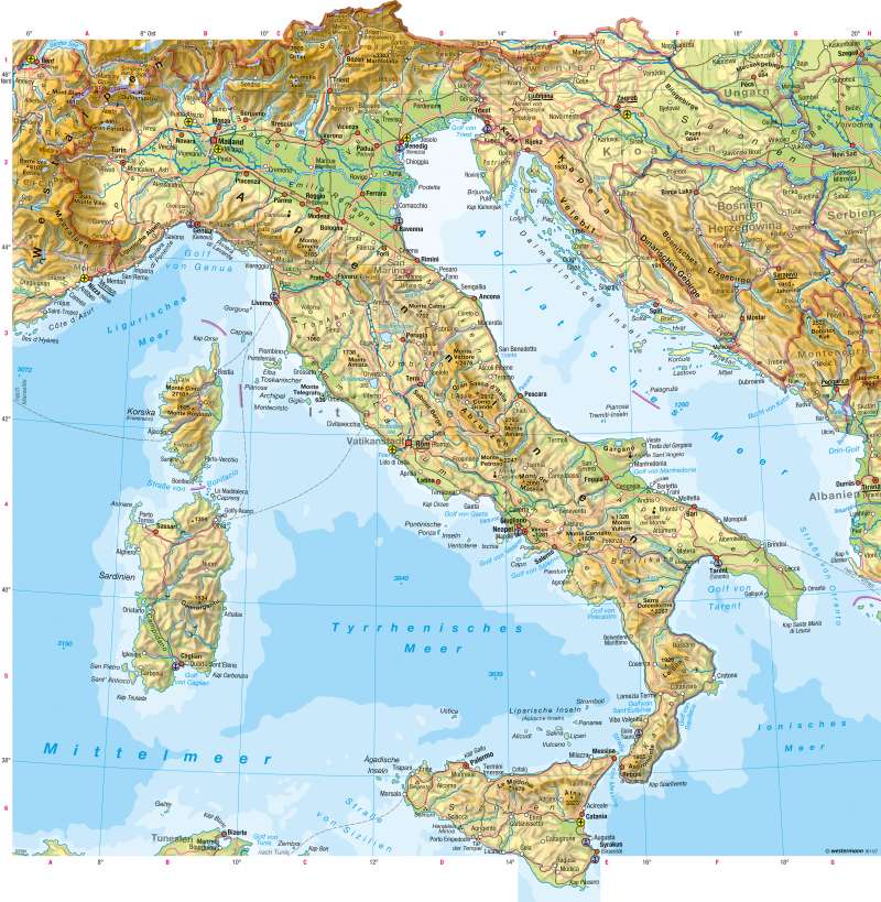 Apenninenhalbinsel | Physische Karte | Apenninenhalbinsel - Physische Karte | Karte 134/1