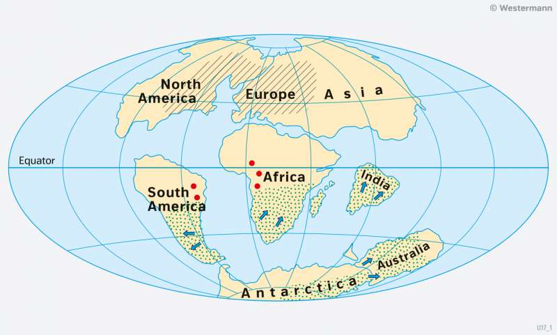 The World | The continental drift since the Mesozoic Era | The History of the Earth | Karte 13/1