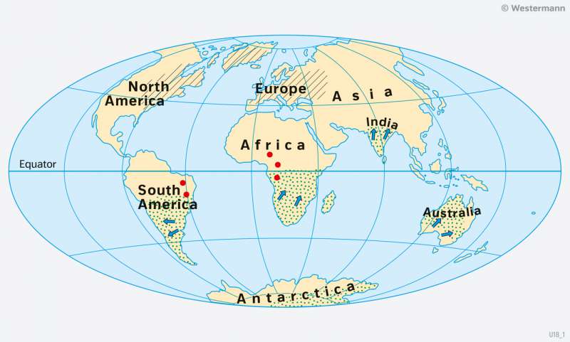 The World | The continental drift since the Mesozoic Era | The History of the Earth | Karte 13/1