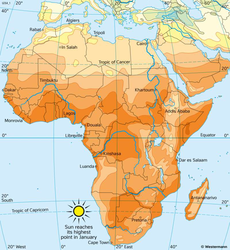 Africa | Temperatures in January | Climate and Nile catchment | Karte 146/1