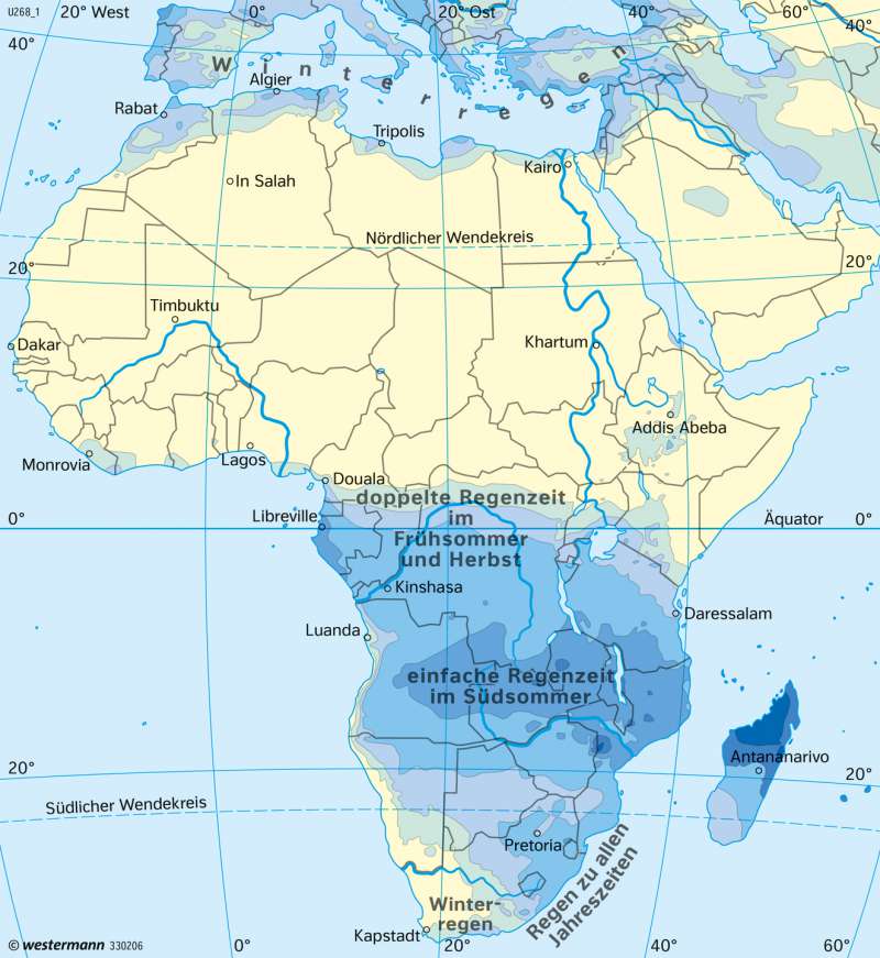 Afrika | Niederschläge im Januar | Afrika - Immerfeuchte und wechselfeuchte Tropen | Karte 187/5