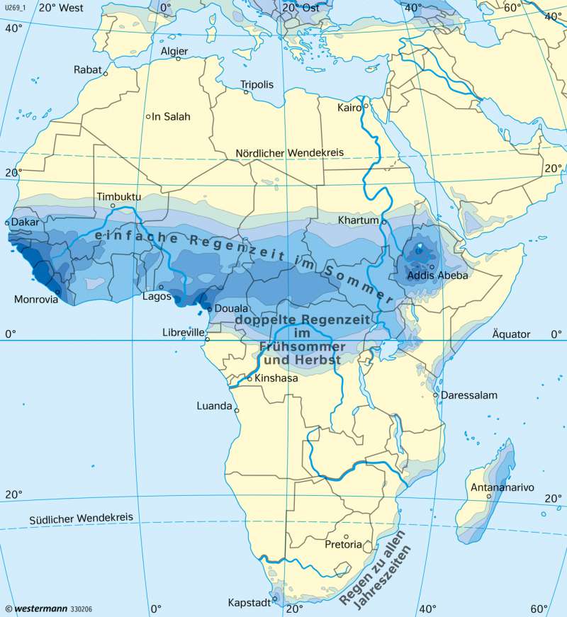 Afrika | Niederschläge im Juli | Afrika - Immerfeuchte und wechselfeuchte Tropen | Karte 187/6