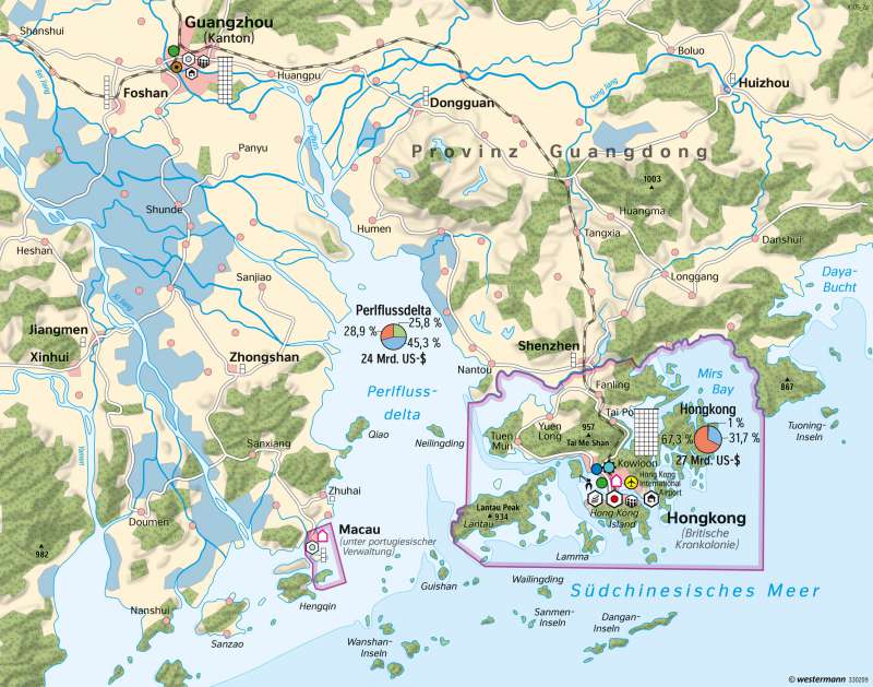 Perlflussdelta (Südost-China) | Verstädterung und Wirtschaftswachstum | China | Karte 166/1