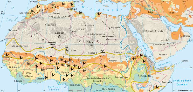 Nördliches Afrika | Wüstenarten und Wüstenausbreitung (Desertifikation) | Afrika - Sahara und Sahel | Karte 188/1