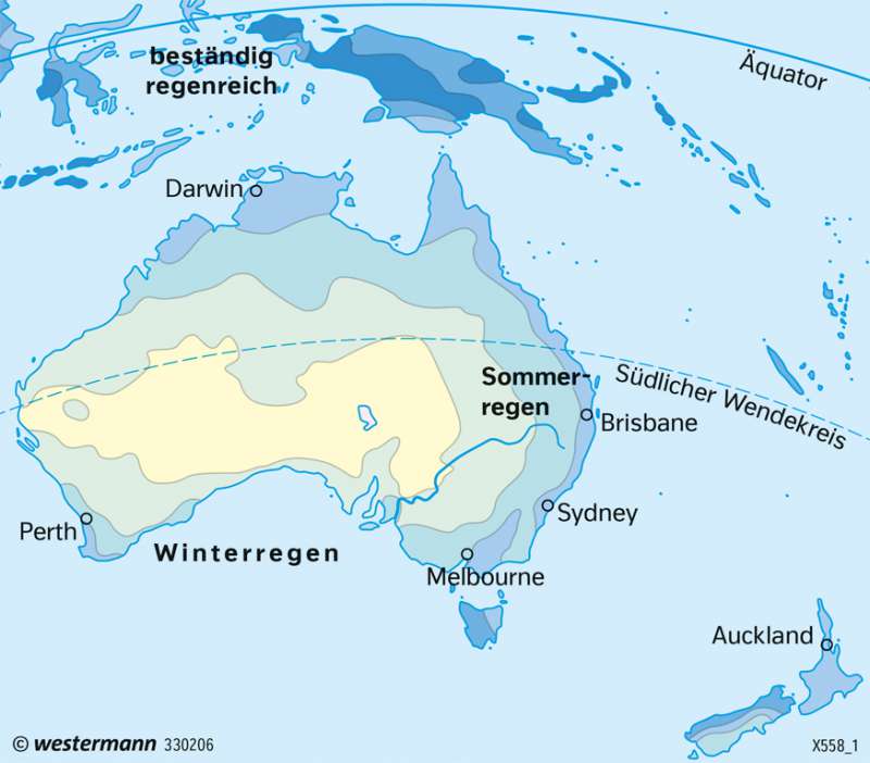 Australien und Neuseeland | Niederschläge im Jahr | Australien und Neuseeland - Wirtschaft | Karte 200/2