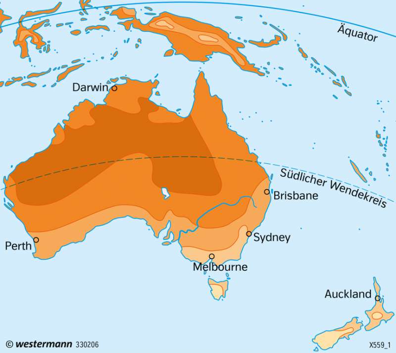 Australien und Neuseeland | Temperaturen im Januar | Australien und Neuseeland - Wirtschaft | Karte 200/3