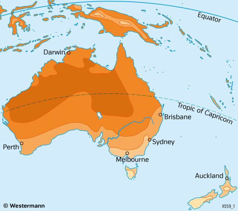 Australia and New Zealand | Temperatures in January | Economy and land use | Karte 164/3