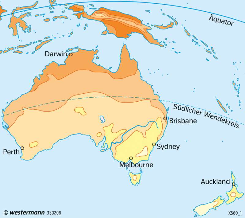 Australien und Neuseeland | Temperaturen im Juli | Australien und Neuseeland - Wirtschaft | Karte 200/4