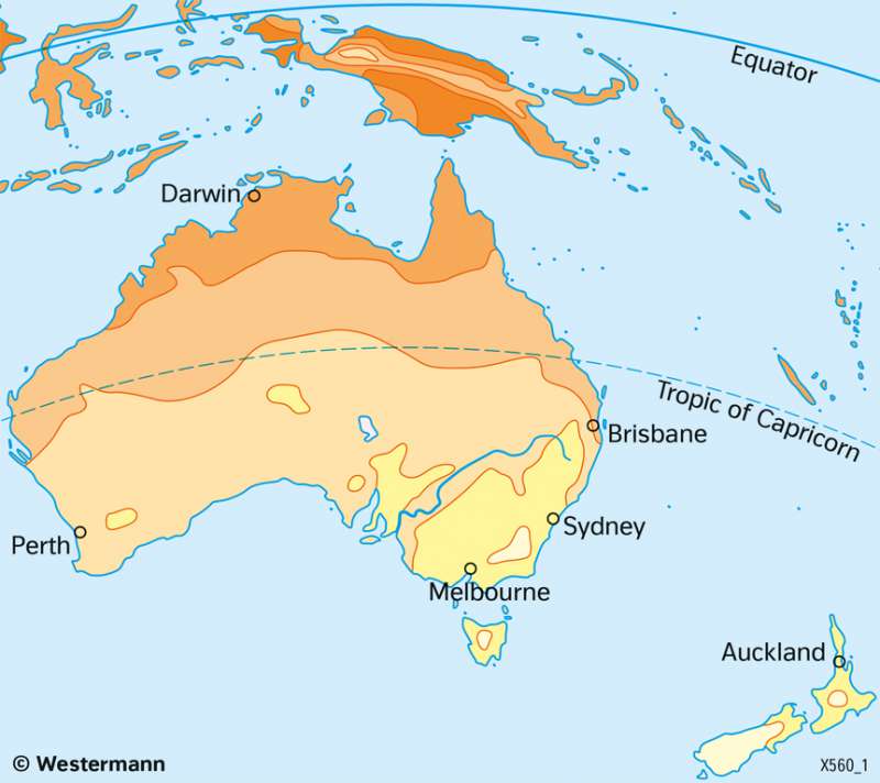 Australia and New Zealand | Temperatures in July | Economy and land use | Karte 164/4
