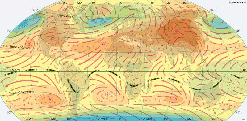The World | Air pressure and winds in January | Climate elements | Karte 18/5