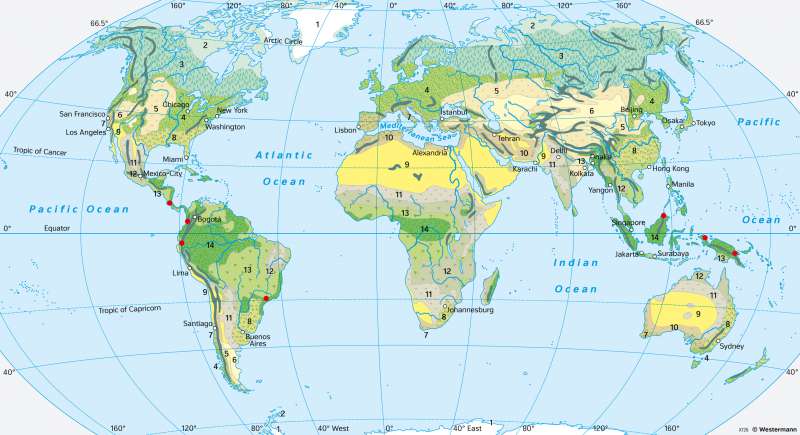 The World | Ecozones (according to J. Schultz) | Ecozones and natural hazards | Karte 22/1