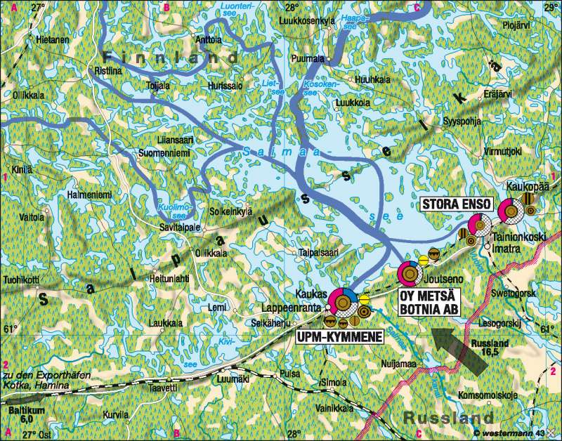 Saimaasee | Produktionsverflechtung in der Holzindustrie 2005 | Skandinavien/Baltikum – Wirtschaft | Karte 73/3