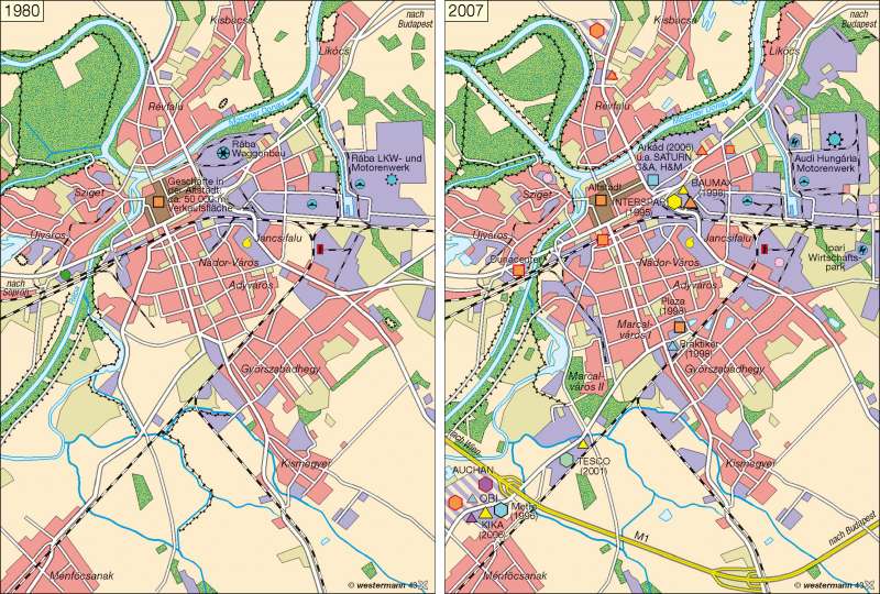 Raab (Györ) | Handel und Gewerbe 1980 / 2007 | Polen/Ungarn | Karte 75/2