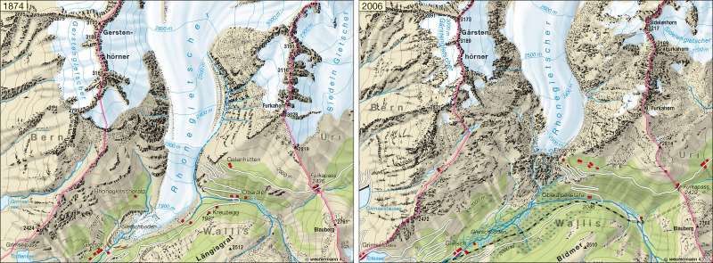 Rhonegletscher (Schweiz) | Gletscherrückzug 1874 / 2006 | Alpen – Tourismus und Umwelt | Karte 78/2