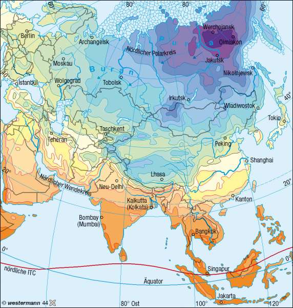 Temperaturen im Januar | | Asien – Klima | Karte 116/1