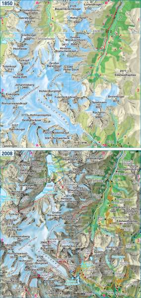 Landschaftswandel | Glocknermassiv um 1850 und 2008 | Alpen - Tourismus | Karte 121/3