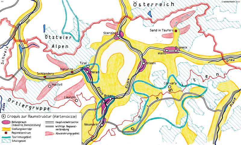 Croquis zur Raumstruktur (Kartenskizze) | | Südtirol – Bevölkerung/Raumstruktur | Karte 25/4