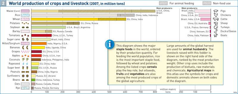 World production of crops and livestock |  | Natural vegetation and agriculture | Karte 18/2