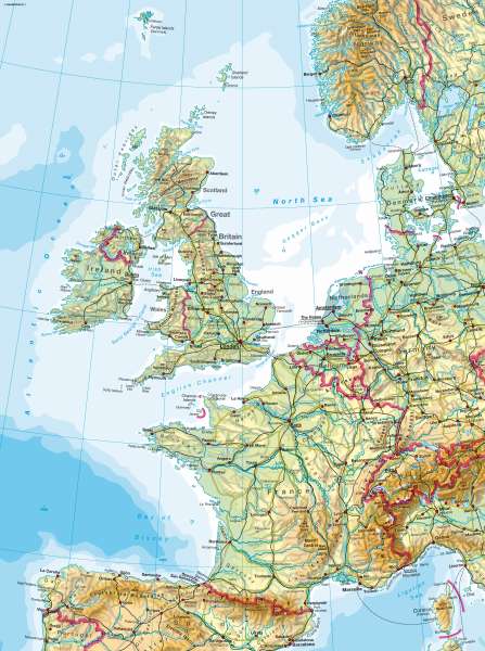 Western Europe — Physical map |  | Western Europe - Physical Map | Karte 64/1