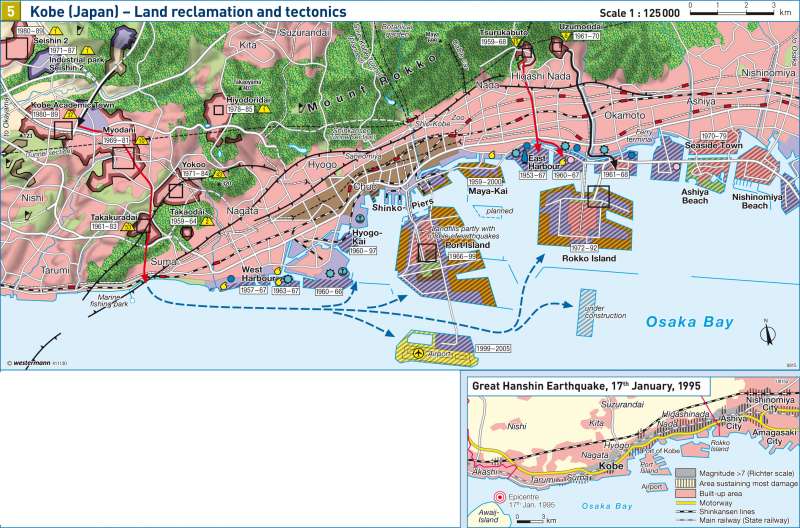 Kobe (Japan) — Land reclamation and tectonics |  | China and Japan | Karte 111/5