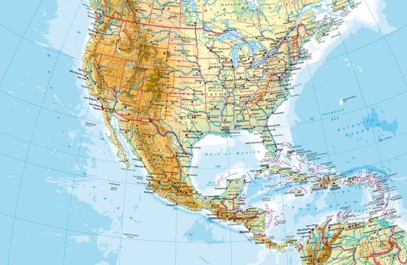 United States and Central America — Physical map |  | United States and Central America - Physical map | Karte 138/1