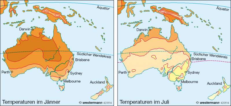 Temperaturen | | Australien und Ozeanien – physische Übersicht/Klima | Karte 127/5