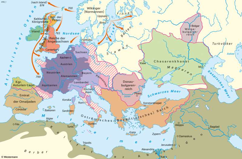 Europa | Reiche am Ende der Herrschaft Karls des Großen um 814 n.Chr. | Geschichte - Früh- und Hochmittelalter | Karte 198/2