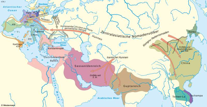 Eurasien | Völkerwanderung und Reiche (bis zum Tode Theoderichs um 526 n.Chr.) | Geschichte - Früh- und Hochmittelalter | Karte 198/1
