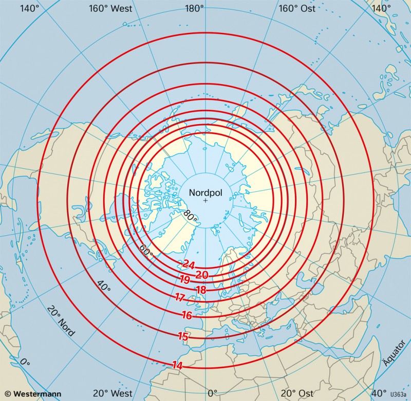 Diercke Weltatlas - Kartenansicht - Nordhalbkugel - Tageslängen - 978-3