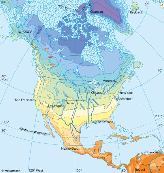 Nord- und Mittelamerika | Temperaturen im Januar | Nord- und Mittelamerika - Landwirtschaft und Klima | Karte 151/3