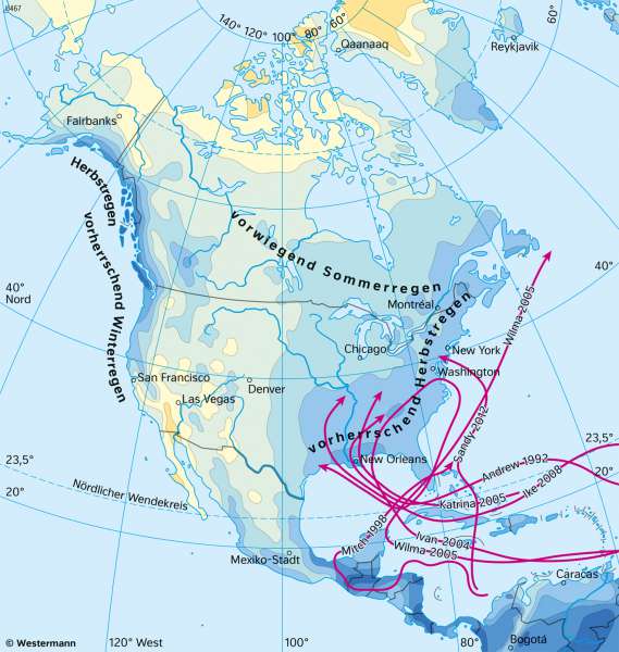 Nord- und Mittelamerika | Niederschläge im Jahr | Nord- und Mittelamerika - Landwirtschaft und Klima | Karte 151/6