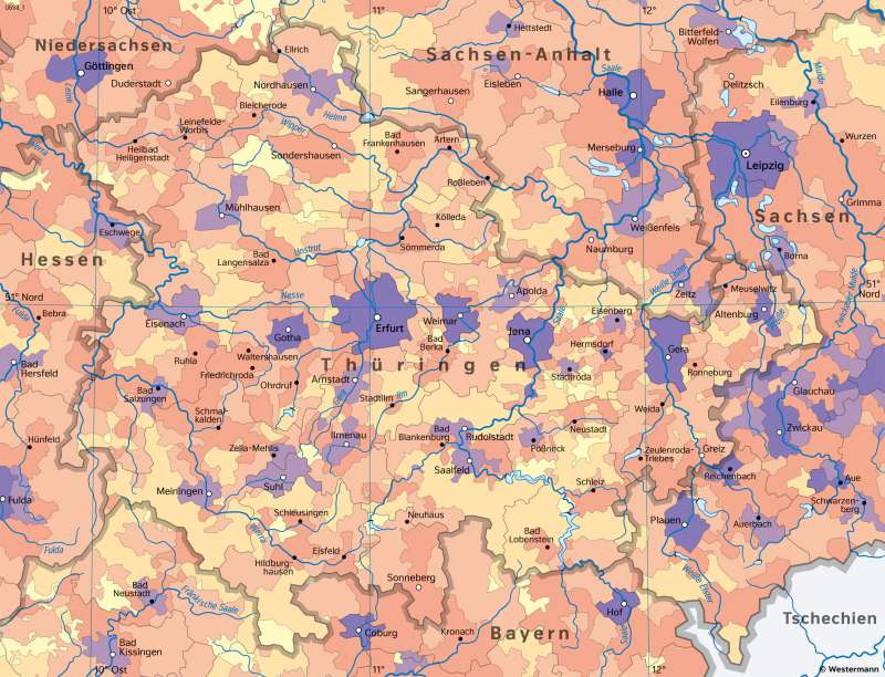 Thüringen | Bevölkerungsdichte und Städte | Thüringen - Bevölkerung und Raumordnung | Karte 20/1