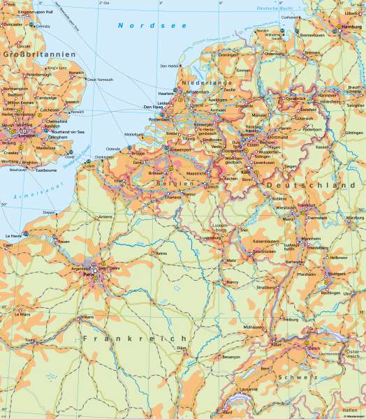 Nordrhein-Westfalen und Nachbarn | Bevölkerungsschwerpunkt Europas | Nordrhein-Westfalen und Nachbarn - Vernetzung innerhalb Europas | Karte 29/2