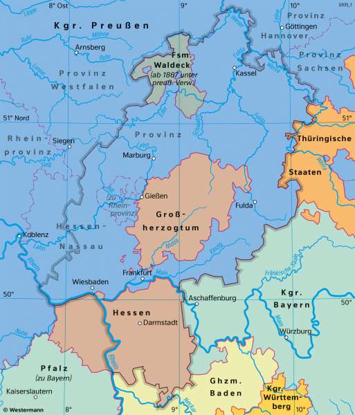 Hessen | Bundesstaaten im Deutschen Reich | Hessen - Territorialentwicklung und Stadtwachstum | Karte 27/3
