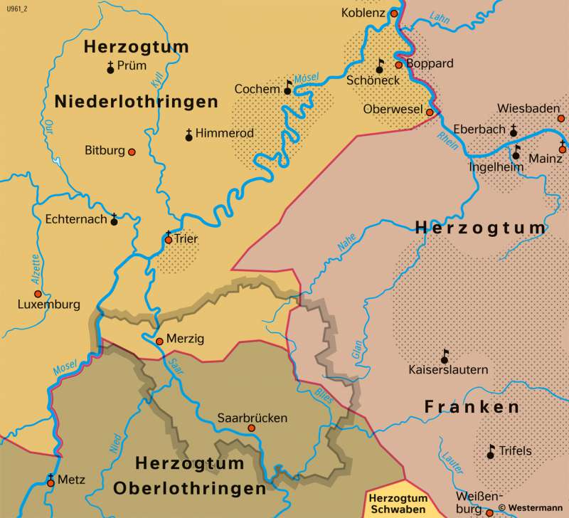 Saarland und Umgebung | Stauferzeit im 11.–13. Jahrhundert | Saarland und Umgebung - Territorialgeschichte | Karte 26/2