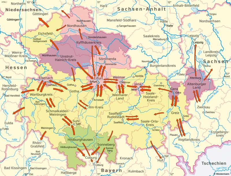 Thüringen | Arbeitslosigkeit und Pendler | Thüringen - Bevölkerung und Raumordnung | Karte 21/4