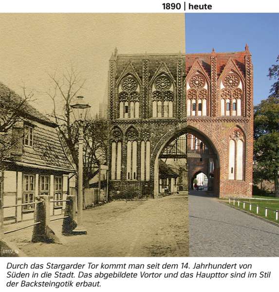 | Durch das Stargarder Tor kommt man seit dem 14. Jahrhundert von Süden in die Stadt. Das abgebildete Vortor und das Haupttor sind im Stil der Backsteingotik erbaut. | Mecklenburg-Vorpommern - Den Wandel von Räumen beschreiben | Karte 28/1
