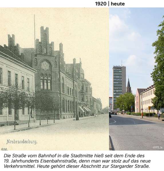 | Die Straße vom Bahnhof in die Stadtmitte hieß seit dem Ende des 19. Jahrhunderts Eisenbahnstraße, denn man war stolz auf das neue Verkehrsmittel. Heute gehört dieser Abschnitt zur Stargarder Straße. | Mecklenburg-Vorpommern - Den Wandel von Räumen beschreiben | Karte 28/2