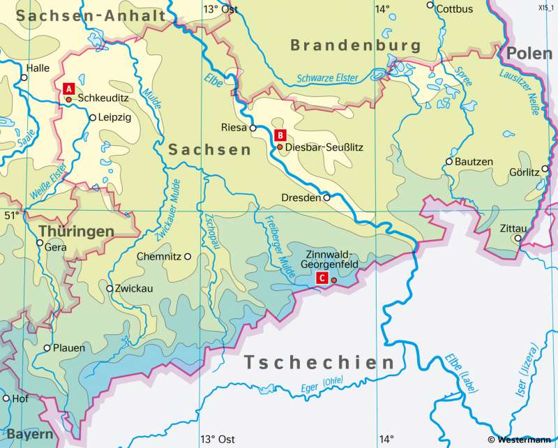 Sachsen | Temperaturen im Jahr | Sachsen - Naturfaktoren und Landwirtschaft | Karte 16/1