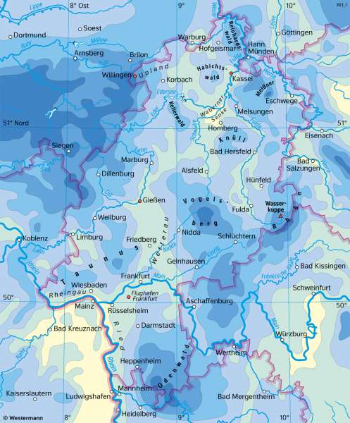 Hessen | Niederschläge im Jahr | Hessen - Landwirtschaft und Klima | Karte 19/3