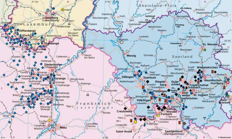 Saarland/Lothringen/Luxemburg (Saar-Lor-Lux) | Montanregion 1957 | Saar-Lor-Lux - Strukturwandel | Karte 22/1