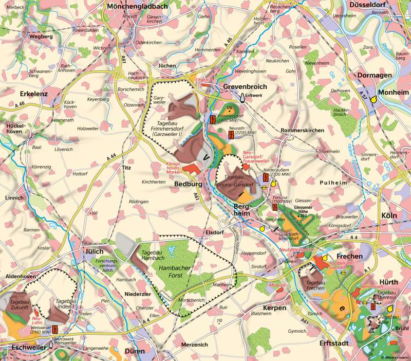 Rheinisches Braunkohlenrevier - | Flächennutzung um 1980 | Rheinisches Braunkohlenrevier - Landschaftswandel durch Bergbau | Karte 24/1