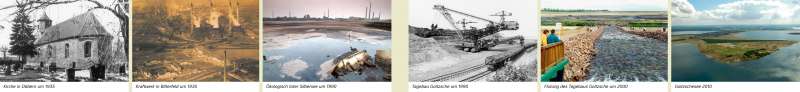 | Kirche in Döbern um 1935/Kraftwerk in Bitterfeld um 1935/Ökologisch toter Silbersee um 1990/Tagebau Goitzsche um 1990/Flutung des Tagebaus Goitzsche um 2000/Goitzschesee 2010 | Bitterfeld-Wolfen - Räume im Wandel | Karte 26/1